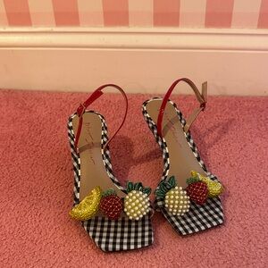Betsey Johnson Gingham Sandals with Red Straps